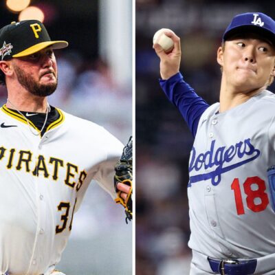 LEFT: Paul Skenes of the Pirates pitches during the MLB All-Star Game at Truist Park. (Photo by Matthew Grimes Jr./Atlanta Braves/Getty Images) RIGHT: Yoshinobu Yamamoto of the Dodgers pitches against the Diamondbacks during the first inning at Chase Field. (Photo by Chris Coduto/Getty Images)