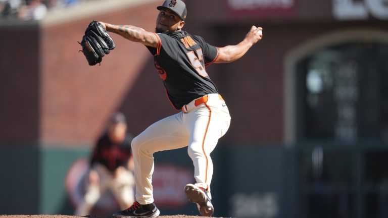 Sep 26, 2026; San Francisco, California, USA; San Francisco Giants pitcher Camilo Doval (57) delivers a pitch against the Los Angeles Dodgers in the seventh inning at Oracle Park. Mandatory Credit: Cary Edmondson-Imagn Images