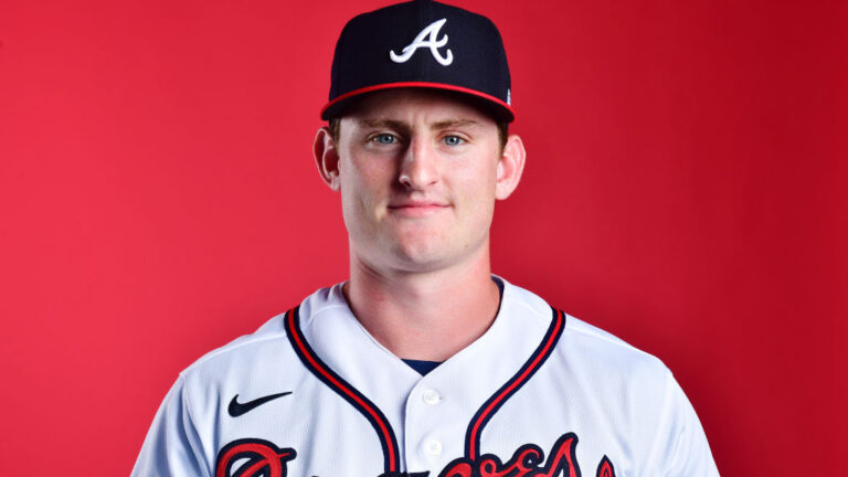 NORTH PORT, FLORIDA - FEBRUARY 24: Blake Burkhalter #86 of the Atlanta Braves poses for a portrait during the 2023 Atlanta Braves Photo Day at CoolToday Park on February 24, 2023 in North Port, Florida. (Photo by Julio Aguilar/Getty Images)