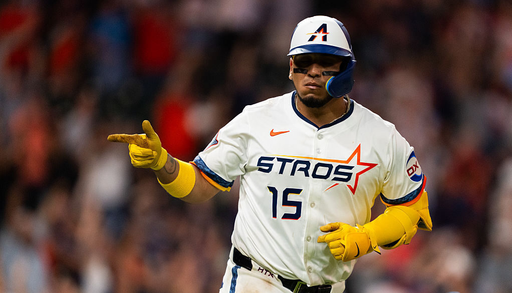 HOUSTON, TEXAS - JULY 7: Isaac Paredes #15 of the Houston Astros celebrates his solo home run during a game against the Cleveland Guardians at Daikin Park on July 7, 2025 in Houston, Texas. (Photo by Houston Astros/Getty Images)