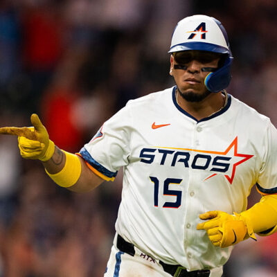 HOUSTON, TEXAS - JULY 7: Isaac Paredes #15 of the Houston Astros celebrates his solo home run during a game against the Cleveland Guardians at Daikin Park on July 7, 2025 in Houston, Texas. (Photo by Houston Astros/Getty Images)