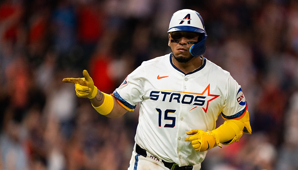 HOUSTON, TEXAS - JULY 7: Isaac Paredes #15 of the Houston Astros celebrates his solo home run during a game against the Cleveland Guardians at Daikin Park on July 7, 2025 in Houston, Texas. (Photo by Houston Astros/Getty Images)
