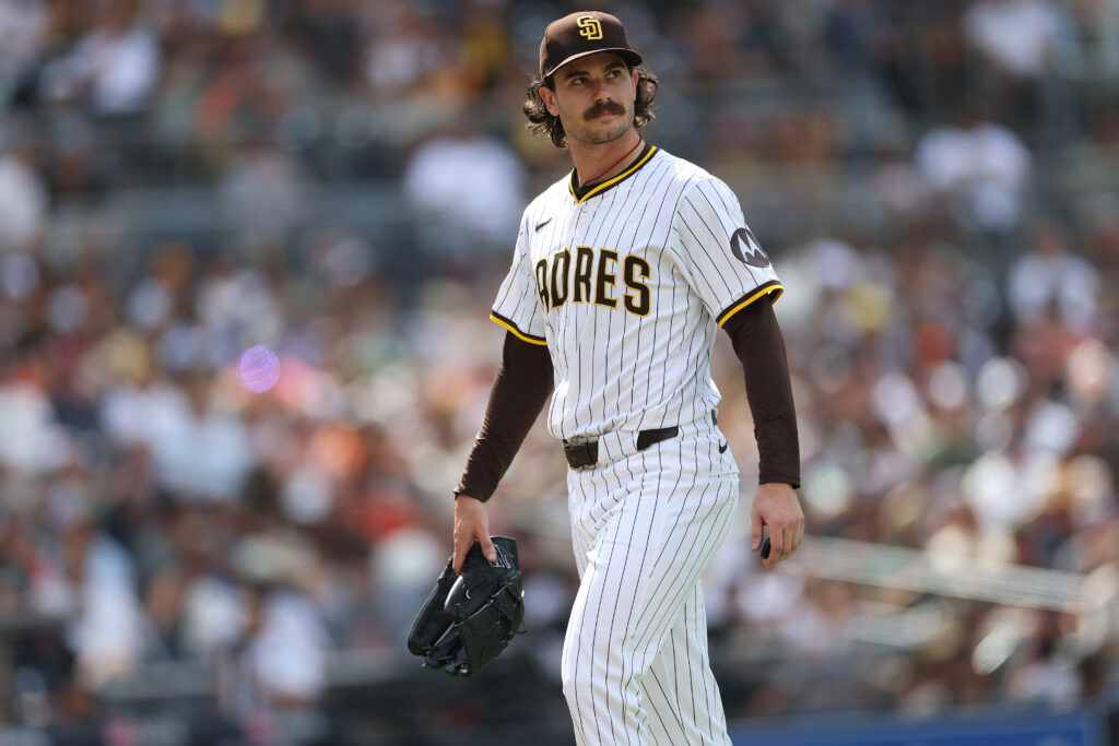 SAN DIEGO, CALIFORNIA - AUGUST 21: Dylan Cease #84 of the San Diego Padres walks to the dugout after being taken out of the game during the sixth inning of a game against the San Francisco Giants at Petco Park on August 21, 2025 in San Diego, California. (Photo by Sean M. Haffey/Getty Images)