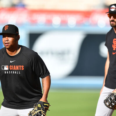 LOS ANGELES, CA - SEPTEMBER 20: San Francisco Giants first baseman Rafael Devers (16) works out with San Francisco Giants designated hitter Bryce Eldridge (78) before the MLB game between the San Francisco Giants and the Los Angeles Dodgers on September 20, 2025 at Dodger Stadium in Los Angeles, CA. (Photo by Brian Rothmuller/Icon Sportswire via Getty Images)