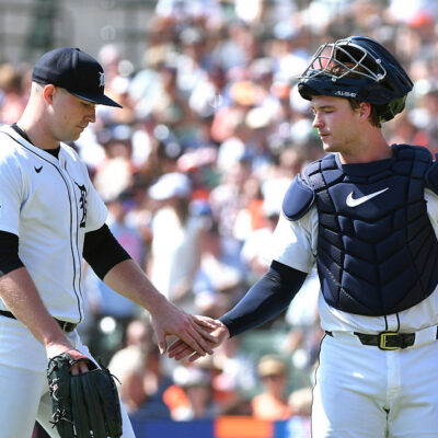 DETROIT, MI - SEPTEMBER 18: Tarik Skubal #29 (L) and Dillon Dingler #13 of the Detroit Tigers shake hands on the field during the game against the Cleveland Guardians at Comerica Park on September 18, 2025 in Detroit, Michigan. The Guardians defeated the Tigers 3-1. (Photo by Mark Cunningham/MLB Photos via Getty Images)