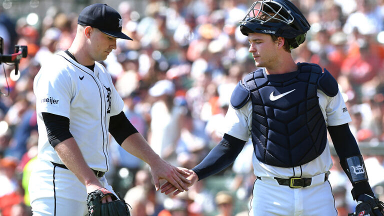 DETROIT, MI - SEPTEMBER 18: Tarik Skubal #29 (L) and Dillon Dingler #13 of the Detroit Tigers shake hands on the field during the game against the Cleveland Guardians at Comerica Park on September 18, 2025 in Detroit, Michigan. The Guardians defeated the Tigers 3-1. (Photo by Mark Cunningham/MLB Photos via Getty Images)