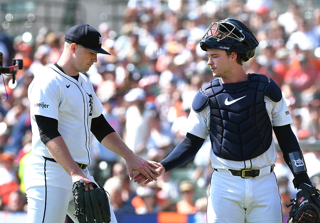 DETROIT, MI - SEPTEMBER 18: Tarik Skubal #29 (L) and Dillon Dingler #13 of the Detroit Tigers shake hands on the field during the game against the Cleveland Guardians at Comerica Park on September 18, 2025 in Detroit, Michigan. The Guardians defeated the Tigers 3-1. (Photo by Mark Cunningham/MLB Photos via Getty Images)