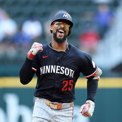 ARLINGTON, TEXAS - SEPTEMBER 25: Byron Buxton #25 of the Minnesota Twins runs the bases following a three run home run against the Texas Rangers during the eighth inning at Globe Life Field on September 25, 2025 in Arlington, Texas. (Photo by Stacy Revere/Getty Images)