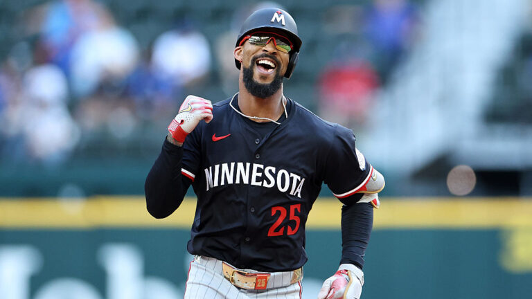 ARLINGTON, TEXAS - SEPTEMBER 25: Byron Buxton #25 of the Minnesota Twins runs the bases following a three run home run against the Texas Rangers during the eighth inning at Globe Life Field on September 25, 2025 in Arlington, Texas. (Photo by Stacy Revere/Getty Images)
