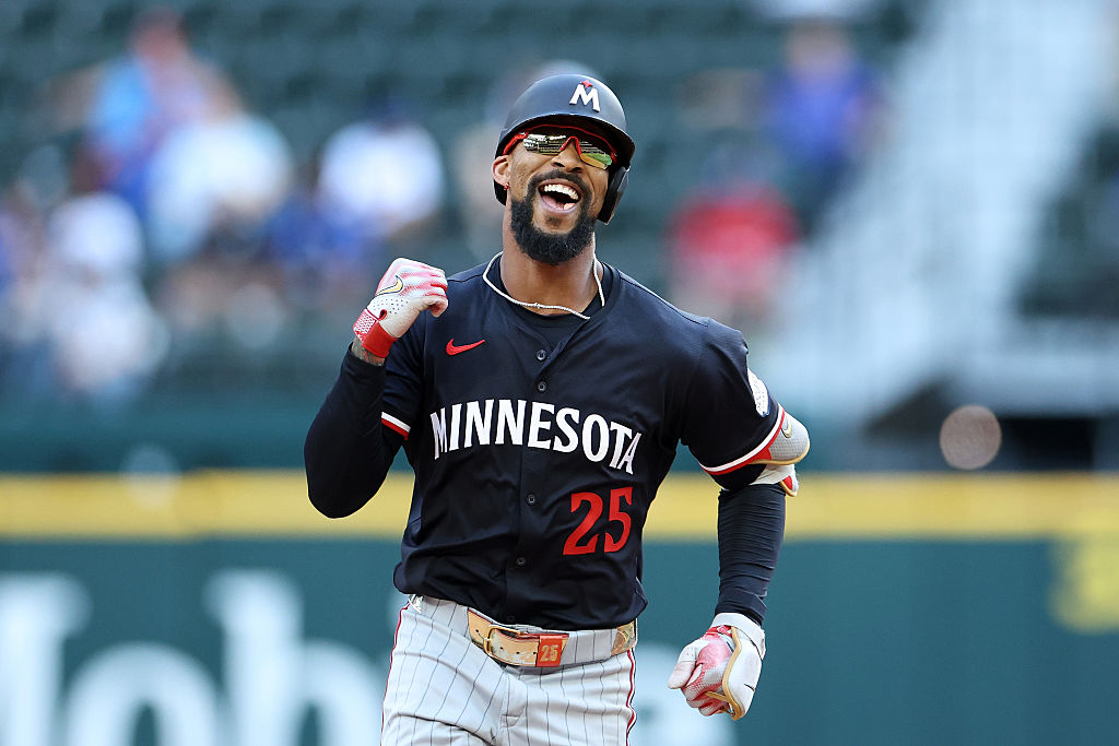 ARLINGTON, TEXAS - SEPTEMBER 25: Byron Buxton #25 of the Minnesota Twins runs the bases following a three run home run against the Texas Rangers during the eighth inning at Globe Life Field on September 25, 2025 in Arlington, Texas. (Photo by Stacy Revere/Getty Images)