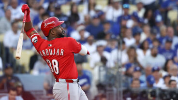 LOS ANGELES, CA - SEPTEMBER 30: Miguel Andujar #38 of the Cincinnati Reds bats in the first inning during Game One of the National League Wild Card Series between the Cincinnati Reds and the Los Angeles Dodgers at Dodger Stadium on Tuesday, September 30, 2025 in Los Angeles, California. (Photo by Katelyn Mulcahy/MLB Photos via Getty Images)