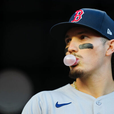 NEW YORK, NY - OCTOBER 01: Jarren Duran #16 of the Boston Red Sox blows a bubble with chewing gum prior to Game Two of the American League Wild Card Series between the Boston Red Sox and the New York Yankees at Yankee Stadium on Wednesday, October 1, 2025 in New York, New York. (Photo by Daniel Shirey/MLB Photos via Getty Images)