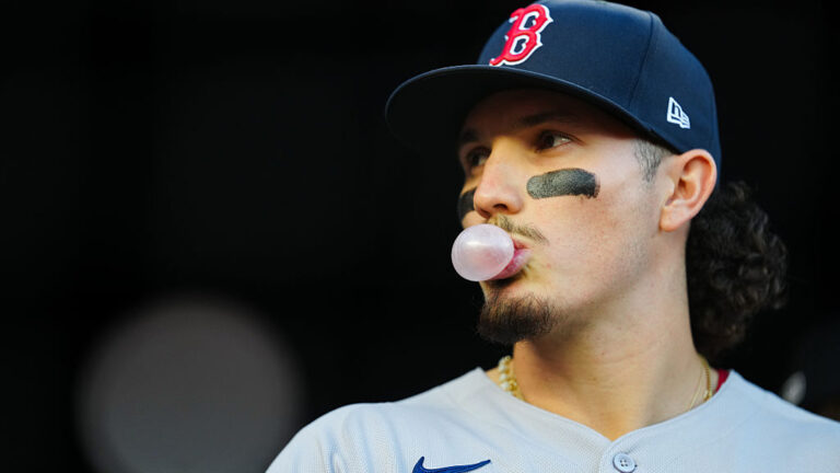 NEW YORK, NY - OCTOBER 01: Jarren Duran #16 of the Boston Red Sox blows a bubble with chewing gum prior to Game Two of the American League Wild Card Series between the Boston Red Sox and the New York Yankees at Yankee Stadium on Wednesday, October 1, 2025 in New York, New York. (Photo by Daniel Shirey/MLB Photos via Getty Images)
