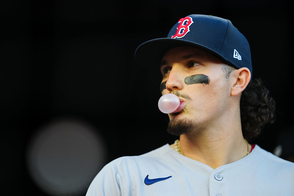 NEW YORK, NY - OCTOBER 01: Jarren Duran #16 of the Boston Red Sox blows a bubble with chewing gum prior to Game Two of the American League Wild Card Series between the Boston Red Sox and the New York Yankees at Yankee Stadium on Wednesday, October 1, 2025 in New York, New York. (Photo by Daniel Shirey/MLB Photos via Getty Images)