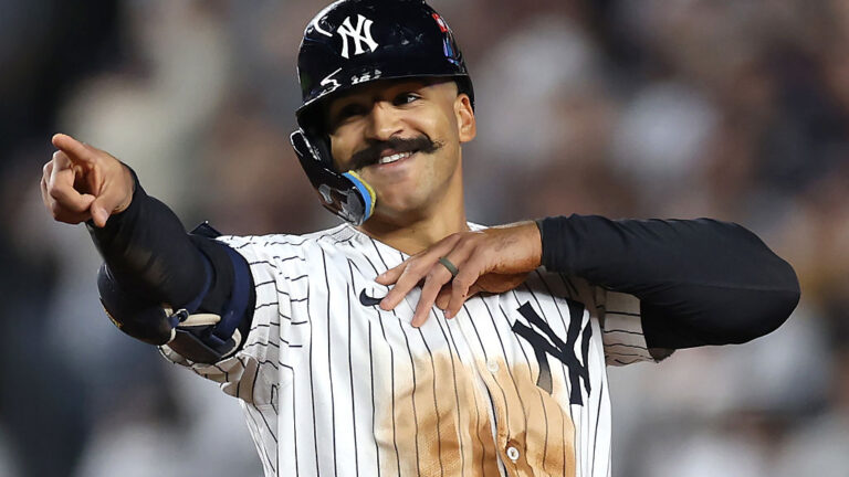 NEW YORK, NEW YORK - OCTOBER 01: Trent Grisham #12 of the New York Yankees reacts after hitting a double during the seventh inning against the Boston Red Sox in game two of the American League Wild Card Series at Yankee Stadium on October 01, 2025 in the Bronx borough of New York City. (Photo by Ishika Samant/Getty Images)