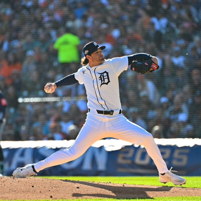 DETROIT, MI - OCTOBER 08: Detroit Tigers pitcher Kyle Finnegan (64) pitches in the fourth inning during Game 4 of the ALDS series between the Detroit Tigers and the Seattle Mariners on Wednesday October 8, 2025 at Comerica Park in Detroit, MI. (Photo by Steven King/Icon Sportswire via Getty Images)
