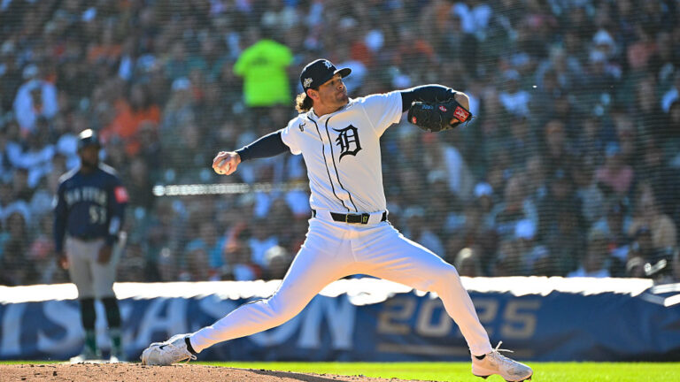 DETROIT, MI - OCTOBER 08: Detroit Tigers pitcher Kyle Finnegan (64) pitches in the fourth inning during Game 4 of the ALDS series between the Detroit Tigers and the Seattle Mariners on Wednesday October 8, 2025 at Comerica Park in Detroit, MI. (Photo by Steven King/Icon Sportswire via Getty Images)