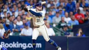 MILWAUKEE, WISCONSIN - OCTOBER 6: Caleb Durbin #21 of the Milwaukee Brewers waits for a pitch in the sixth inning during game two of the National League Division Series against the Chicago Cubs at American Family Field on October 6, 2025 in Milwaukee, Wisconsin. (Photo by Brandon Sloter/Chicago Cubs/Getty Images)