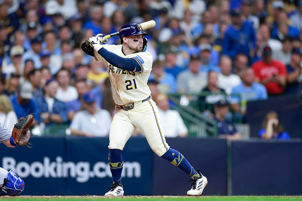 MILWAUKEE, WISCONSIN - OCTOBER 6: Caleb Durbin #21 of the Milwaukee Brewers waits for a pitch in the sixth inning during game two of the National League Division Series against the Chicago Cubs at American Family Field on October 6, 2025 in Milwaukee, Wisconsin. (Photo by Brandon Sloter/Chicago Cubs/Getty Images)