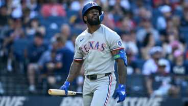CLEVELAND, OHIO - SEPTEMBER 28: Adolis García #53 of the Texas Rangers reacts after striking out during the third inning against the Cleveland Guardians at Progressive Field on September 28, 2025 in Cleveland, Ohio. (Photo by Nick Cammett/Diamond Images via Getty Images)