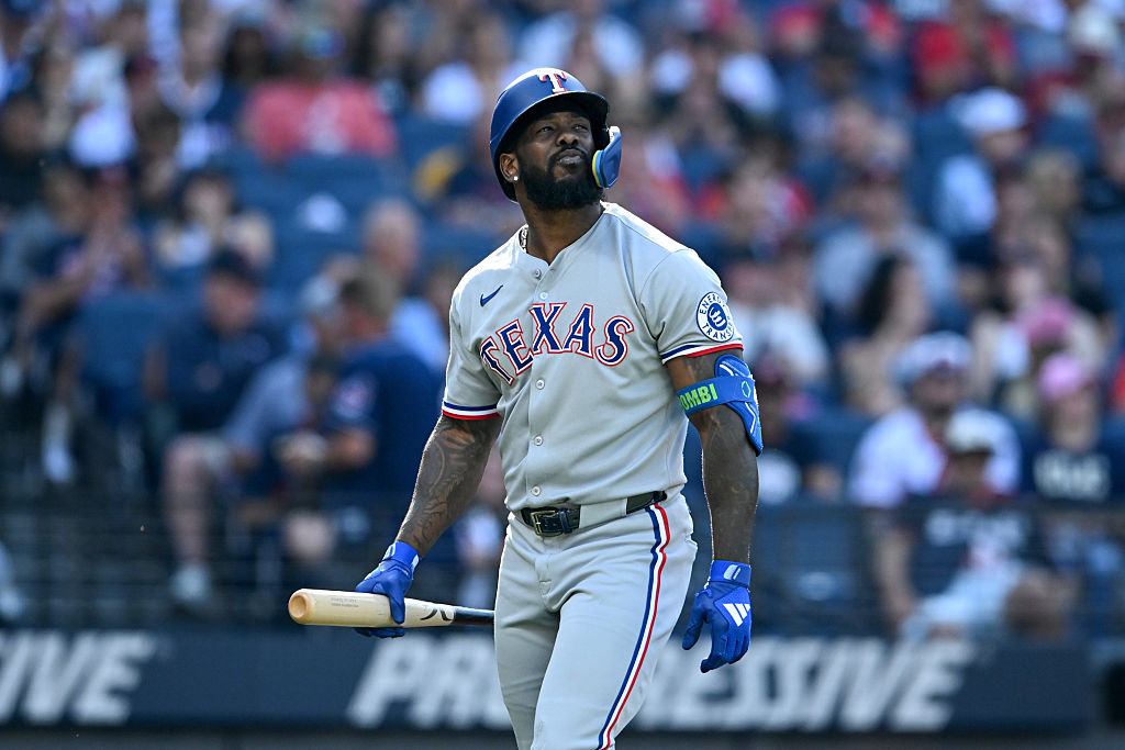 CLEVELAND, OHIO - SEPTEMBER 28: Adolis García #53 of the Texas Rangers reacts after striking out during the third inning against the Cleveland Guardians at Progressive Field on September 28, 2025 in Cleveland, Ohio. (Photo by Nick Cammett/Diamond Images via Getty Images)