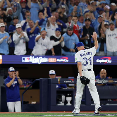 TORONTO, ONTARIO - NOVEMBER 01: Max Scherzer #31 of the Toronto Blue Jays acknowledges the fans as he exits the game during the fifth inning against the Los Angeles Dodgers in game seven of the 2025 World Series at Rogers Center on November 01, 2025 in Toronto, Ontario. (Photo by Emilee Chinn/Getty Images)
