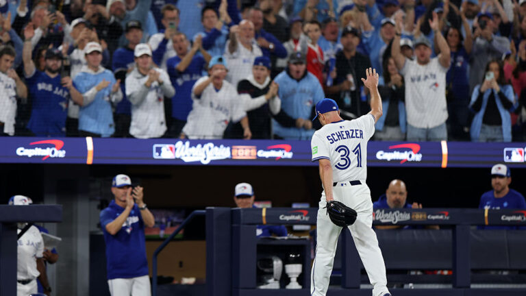 TORONTO, ONTARIO - NOVEMBER 01: Max Scherzer #31 of the Toronto Blue Jays acknowledges the fans as he exits the game during the fifth inning against the Los Angeles Dodgers in game seven of the 2025 World Series at Rogers Center on November 01, 2025 in Toronto, Ontario. (Photo by Emilee Chinn/Getty Images)