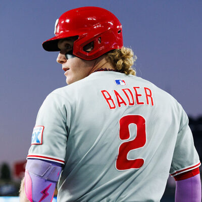 LOS ANGELES, CALIFORNIA - SEPTEMBER 16: Harrison Bader #2 of the Philadelphia Phillies looks off during the game against the Los Angeles Dodgers at Dodger Stadium on September 16, 2025 in Los Angeles, California. (Photo by Ric Tapia/Getty Images)