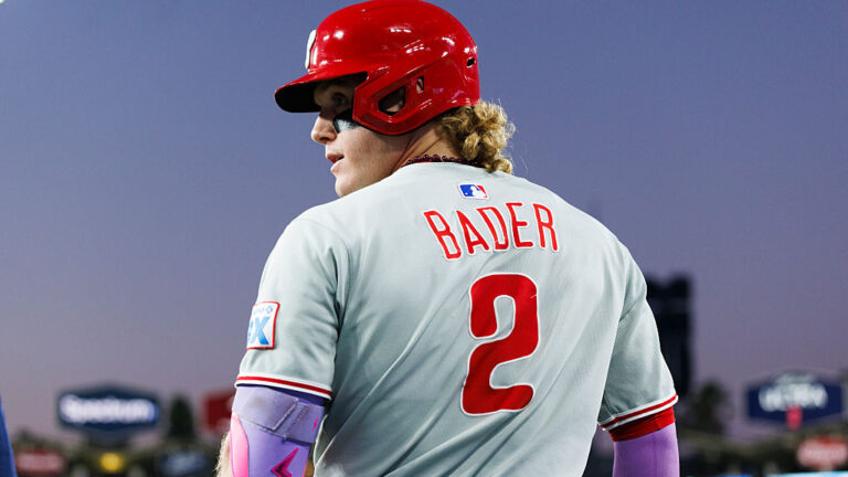 LOS ANGELES, CALIFORNIA - SEPTEMBER 16: Harrison Bader #2 of the Philadelphia Phillies looks off during the game against the Los Angeles Dodgers at Dodger Stadium on September 16, 2025 in Los Angeles, California. (Photo by Ric Tapia/Getty Images)