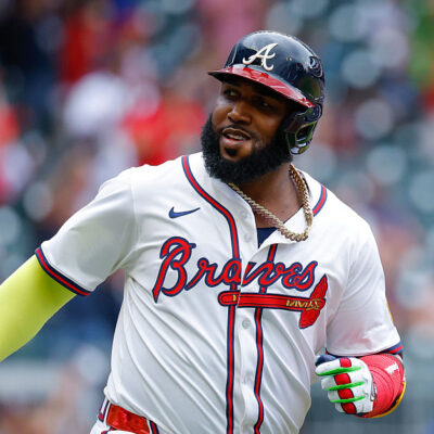 ATLANTA, GEORGIA - AUGUST 10: Marcell Ozuna #20 of the Atlanta Braves reacts after hitting a three run home run during the seventh inning against the Miami Marlins at Truist Park on August 10, 2025 in Atlanta, Georgia. (Photo by Todd Kirkland/Getty Images)