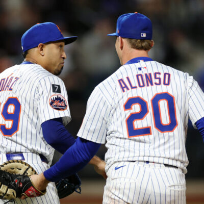 NEW YORK, NEW YORK - APRIL 17: Edwin Díaz #39 reacts with Pete Alonso #20 of the New York Mets during the ninth inning against the St. Louis Cardinals at Citi Field on April 17, 2025 in the Bronx borough of New York City. The Mets won 4-1. (Photo by Sarah Stier/Getty Images)