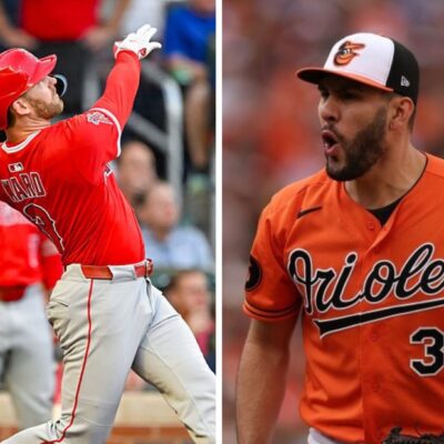 LEFT: Taylor Ward hits the ball deep during the MLB game between the Angels and the Braves.(Photo by Rich von Biberstein/Icon Sportswire via Getty Images) RIGHT: Grayson Rodriguez of the Orioles reacts against the Rangers during Game Two of the American League Division Series. (Photo by Patrick Smith/Getty Images)
