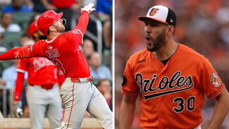 LEFT: Taylor Ward hits the ball deep during the MLB game between the Angels and the Braves.(Photo by Rich von Biberstein/Icon Sportswire via Getty Images) RIGHT: Grayson Rodriguez of the Orioles reacts against the Rangers during Game Two of the American League Division Series. (Photo by Patrick Smith/Getty Images)