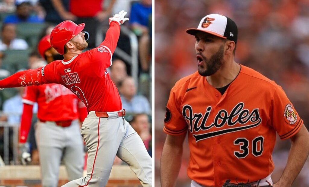 LEFT: Taylor Ward hits the ball deep during the MLB game between the Angels and the Braves.(Photo by Rich von Biberstein/Icon Sportswire via Getty Images) RIGHT: Grayson Rodriguez of the Orioles reacts against the Rangers during Game Two of the American League Division Series. (Photo by Patrick Smith/Getty Images)