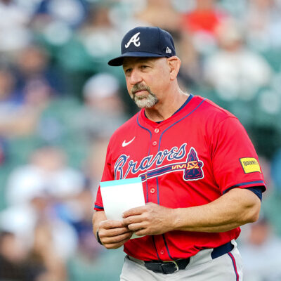 DETROIT, MICHIGAN - SEPTEMBER 19: Walt Weiss #4 of the Atlanta Braves looks on against the Detroit Tigers at Comerica Park on September 19, 2025 in Detroit, Michigan. (Photo by Nic Antaya/Getty Images)
