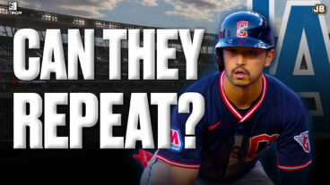 Image featuring Steven Kwan of the Guardians in front of a Los Angeles Dodgers logo.