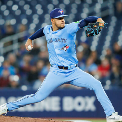 TORONTO, CANADA - APRIL 1: José Berríos #17 of the Toronto Blue Jays pitches in the first inning against the Washington Nationals at Rogers Centre on April 1, 2025 in Toronto, Ontario, Canada. (Photo by Cole Burston/Getty Images)