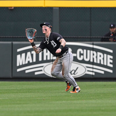 VENICE, FLORIDA - MARCH 16, 2025: Max Clark #38 of the Detroit Tigers fields a fly ball during the fifth inning of a spring training Spring Breakout game against the Atlanta Braves at CoolToday Park on March 16, 2025 in Venice, Florida. (Photo by George Kubas/Diamond Images via Getty Images)