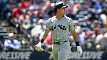 CLEVELAND, OHIO - APRIL 23: Anthony Volpe #11 of the New York Yankees reacts after striking out during the fifth inning against the Cleveland Guardians at Progressive Field on April 23, 2025 in Cleveland, Ohio. (Photo by Nick Cammett/Diamond Images via Getty Images)