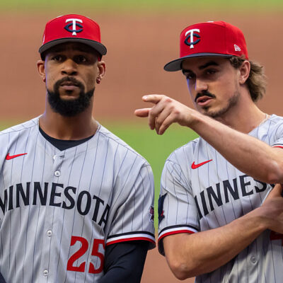 ATLANTA, GEORGIA - JULY 15: Byron Buxton #25 and Joe Ryan #41 of the Minnesota Twins look on prior to the MLB All-Star Game at Truist Park on July 15, 2025 in Atlanta, Georgia. (Photo by Brace Hemmelgarn/Minnesota Twins/Getty Images)