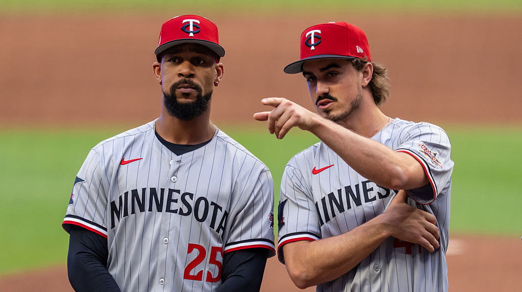 ATLANTA, GEORGIA - JULY 15: Byron Buxton #25 and Joe Ryan #41 of the Minnesota Twins look on prior to the MLB All-Star Game at Truist Park on July 15, 2025 in Atlanta, Georgia. (Photo by Brace Hemmelgarn/Minnesota Twins/Getty Images)