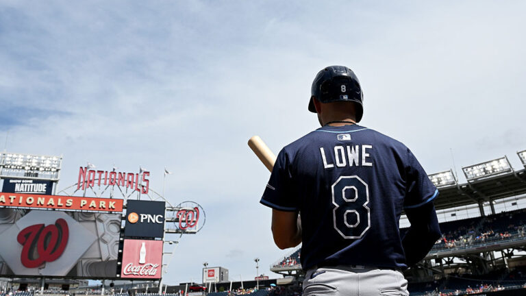 WASHINGTON, DC - AUGUST 31: Brandon Lowe #8 of the Tampa Bay Rays gets ready to bat against the Washington Nationals at Nationals Park on August 31, 2025 in Washington, DC. (Photo by G Fiume/Getty Images)