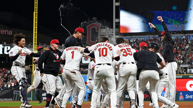 CLEVELAND, OHIO - SEPTEMBER 27: The Cleveland Guardians celebrate the team's 3-2 win over the Texas Rangers to clinch a spot in the American League Playoffs at Progressive Field on September 27, 2025 in Cleveland, Ohio. (Photo by Nick Cammett/Getty Images)