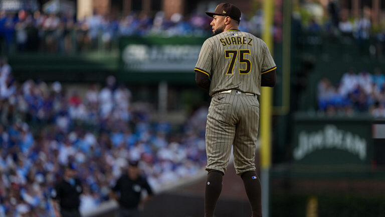 CHICAGO, IL - OCTOBER 01: Robert Suarez #75 of the San Diego Padres looks on during Game Two of the National League Wild Card Series between the San Diego Padres and the Chicago Cubs at Wrigley Field on Wednesday, October 1, 2025 in Chicago, Illinois. (Photo by Mary DeCicco/MLB Photos via Getty Images)