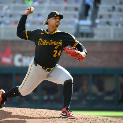 ATLANTA, GEORGIA - SEPTEMBER 28: Johan Oviedo #24 of the Pittsburgh Pirates pitches in the fifth inning of a game against the Atlanta Braves at Truist Park on September 28, 2025 in Atlanta, Georgia. (Photo by Edward M. Pio Roda/Getty Images)