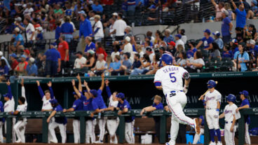 ARLINGTON, TX - AUGUST 26: Corey Seager #5 of the Texas Rangers runs to first base after hitting a home run during a game against the Los Angeles Angels at Globe Life Field on August 26, 2025 in Arlington, Texas. (Photo by Gunnar Word/Texas Rangers/Getty Images)
