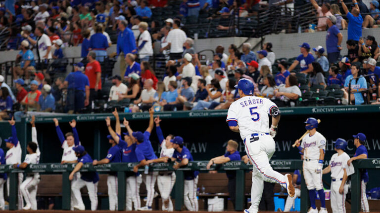 ARLINGTON, TX - AUGUST 26: Corey Seager #5 of the Texas Rangers runs to first base after hitting a home run during a game against the Los Angeles Angels at Globe Life Field on August 26, 2025 in Arlington, Texas. (Photo by Gunnar Word/Texas Rangers/Getty Images)