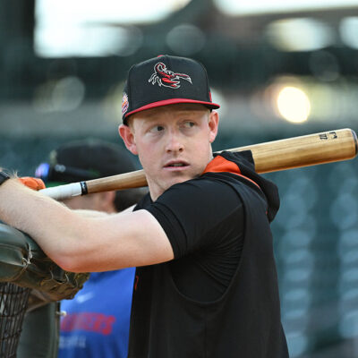 MESA, AZ - NOVEMBER 09: Parks Harber #40 of the San Francisco Giants looks on during batting practice prior to the 2025 Arizona Fall League Fall Stars game between the American League Fall Stars and the National League Fall Stars at Sloan Park on November 9, 2025 in Mesa, Arizona. (Photo by Norm Hall/MLB Photos via Getty Images)