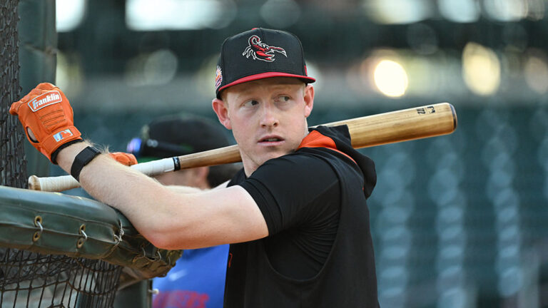 MESA, AZ - NOVEMBER 09: Parks Harber #40 of the San Francisco Giants looks on during batting practice prior to the 2025 Arizona Fall League Fall Stars game between the American League Fall Stars and the National League Fall Stars at Sloan Park on November 9, 2025 in Mesa, Arizona. (Photo by Norm Hall/MLB Photos via Getty Images)