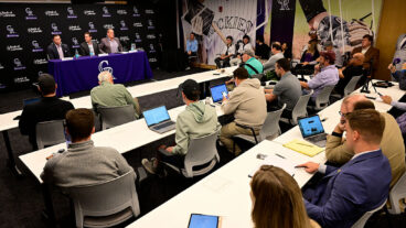 DENVER, CO - NOVEMBER 13: From left, Colorado Rockies Executive Vice President Walker Monfort, new President of Baseball Operations Paul DePodesta and owner Dick Monfort during Depodesta's introductory press conference at Coors Field in Denver, Colorado on Thursday, November 13, 2025. (Photo by Andy Cross/MediaNews Group/The Denver Post via Getty Images)